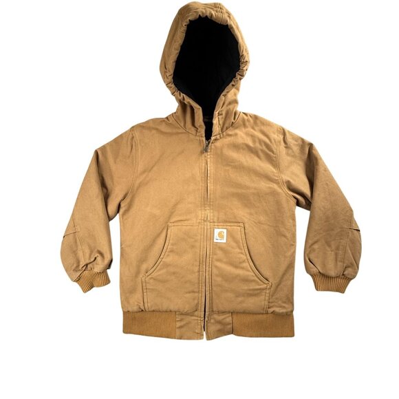 Carhartt Jacket Youth Medium Brown Hooded Quilted Lined Duck Canvas Workwear Boy - Picture 1 of 16
